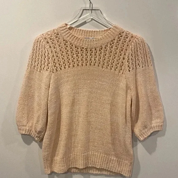 Joie Open Knit Puff Sleeve Una Crewneck Sweater‎ Melon Womens Size Large - Picture 2 of 5
